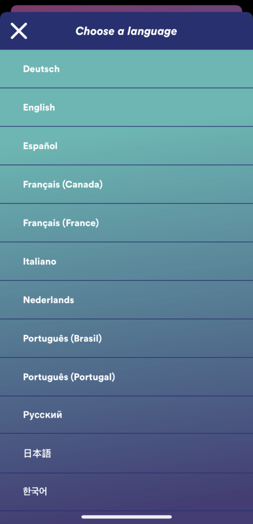 La liste des différentes langues disponibles dans l'application action ou vérité